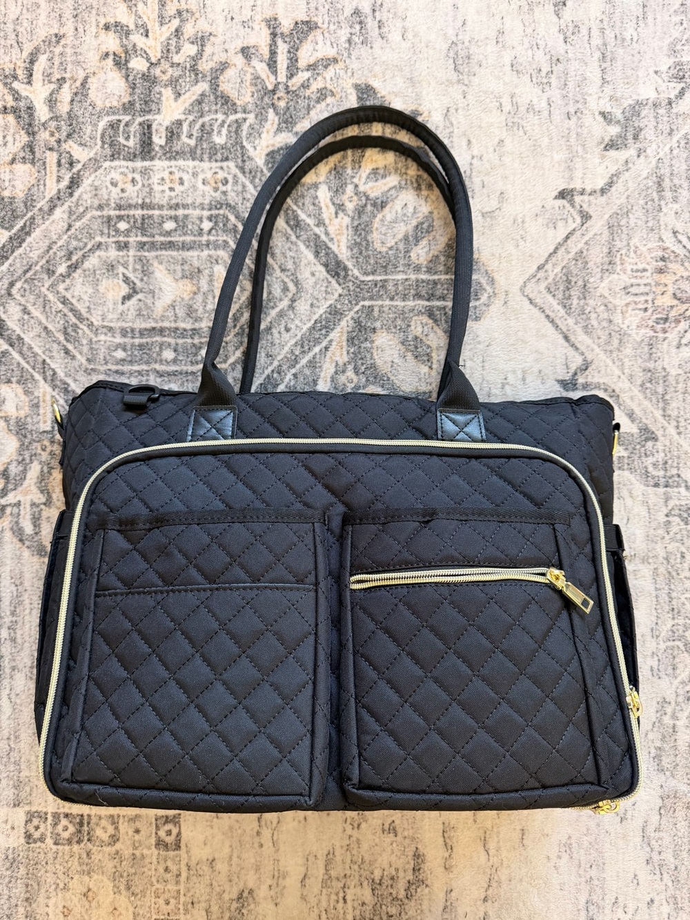 Quilted Nylon Laptop Work/School Tote Bag W/ Gold Accents & Insulated Cup Pocket
